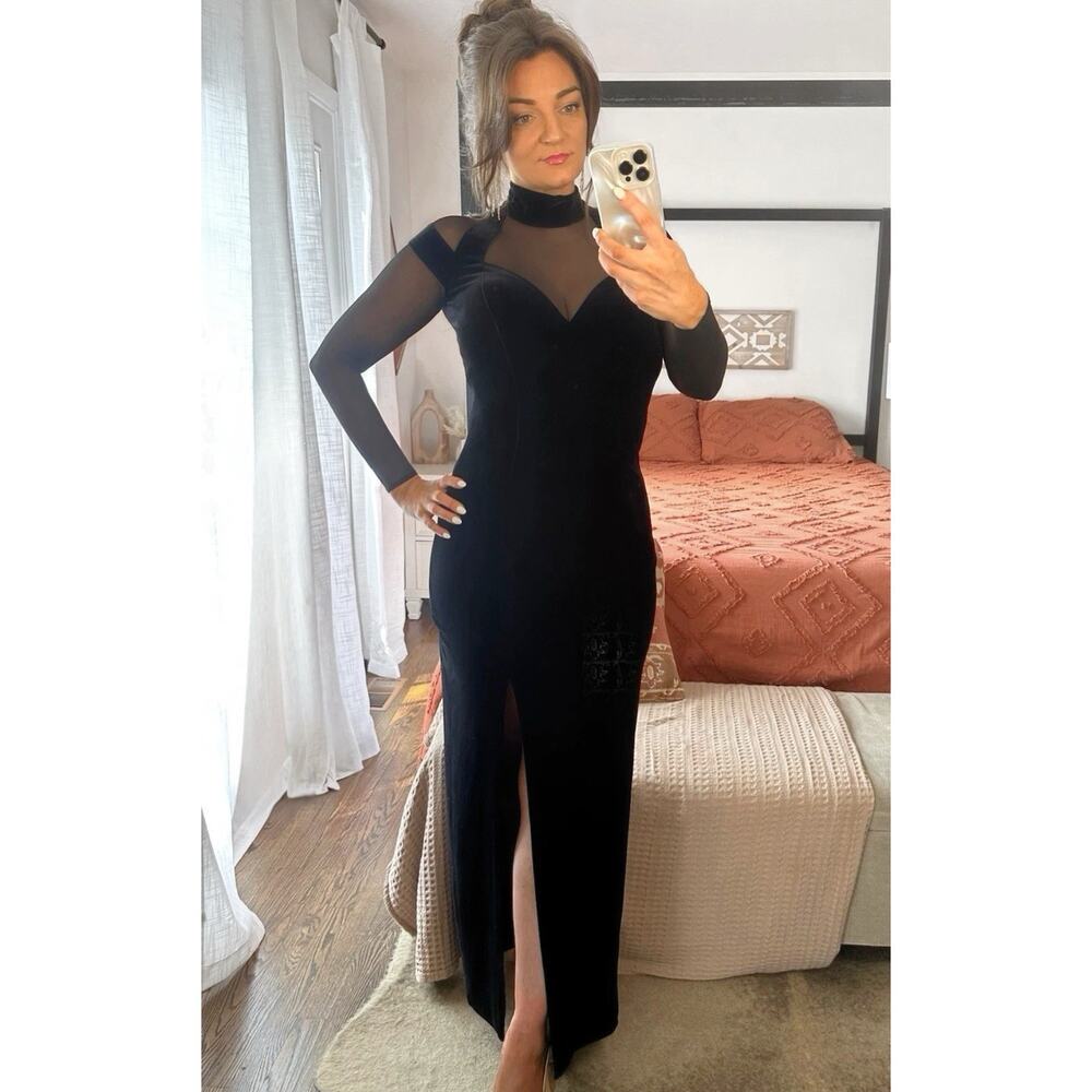 Vintage Tadashi Size Small Black Velvet High Neck Mesh Gown